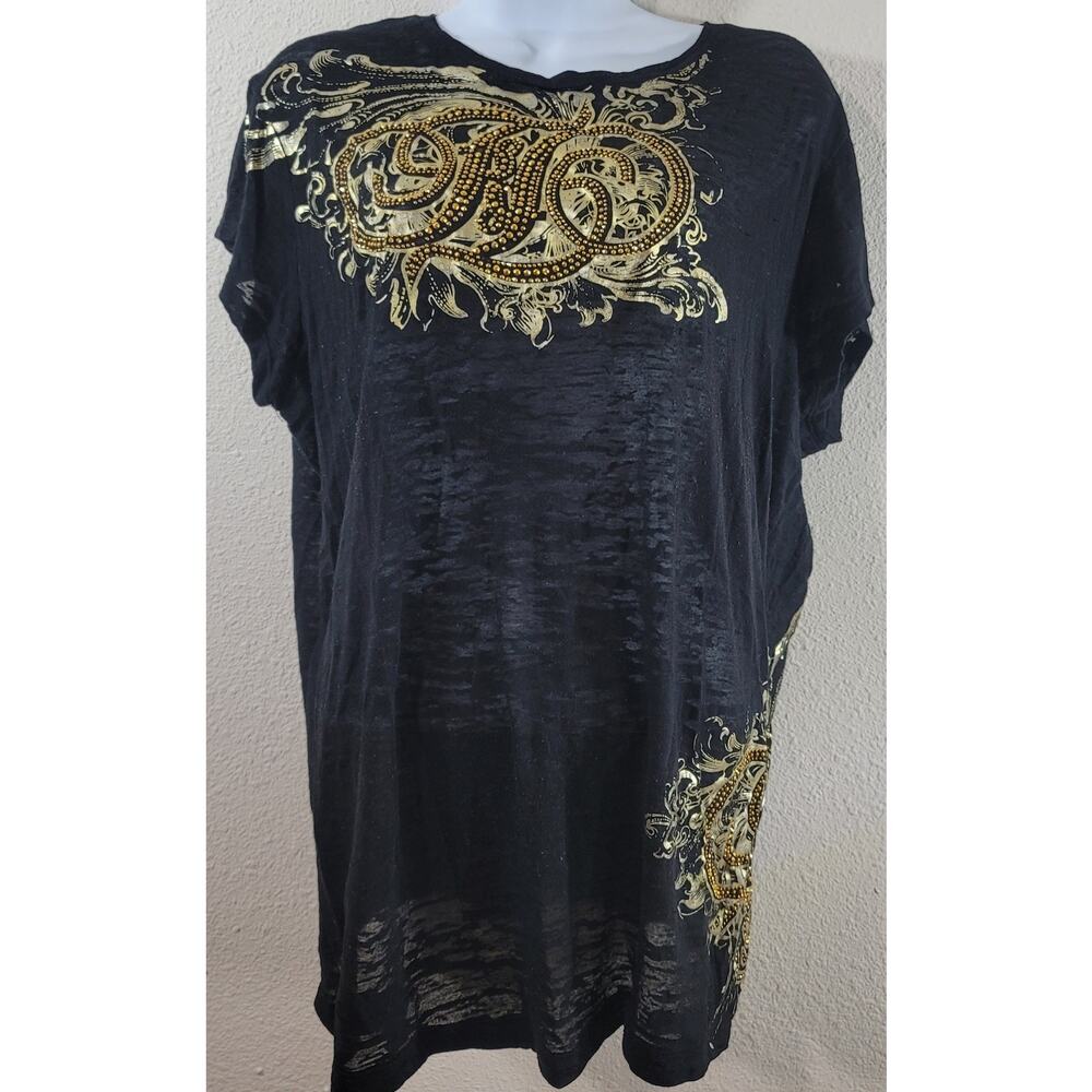 Fabulosity Black Gold Metal Studded Bodice Burnout Material Top 2X Lightweight